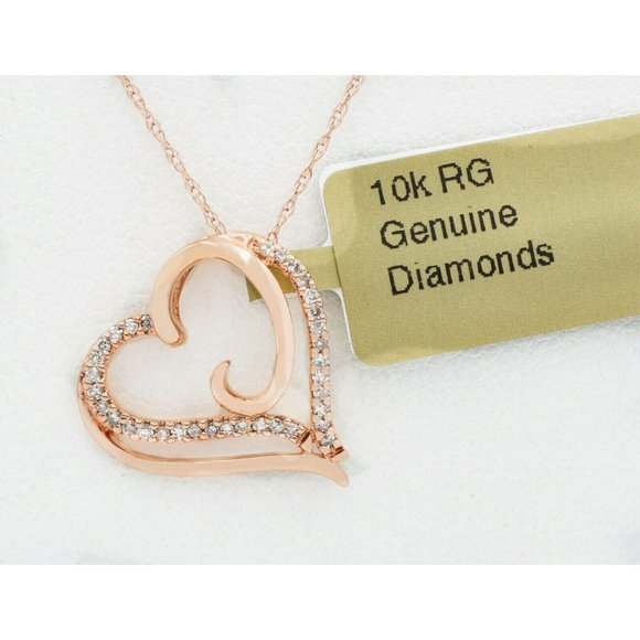 Genuine 0.35 Cts Diamond Heart Pendant Neckalce 10k Rose Gold